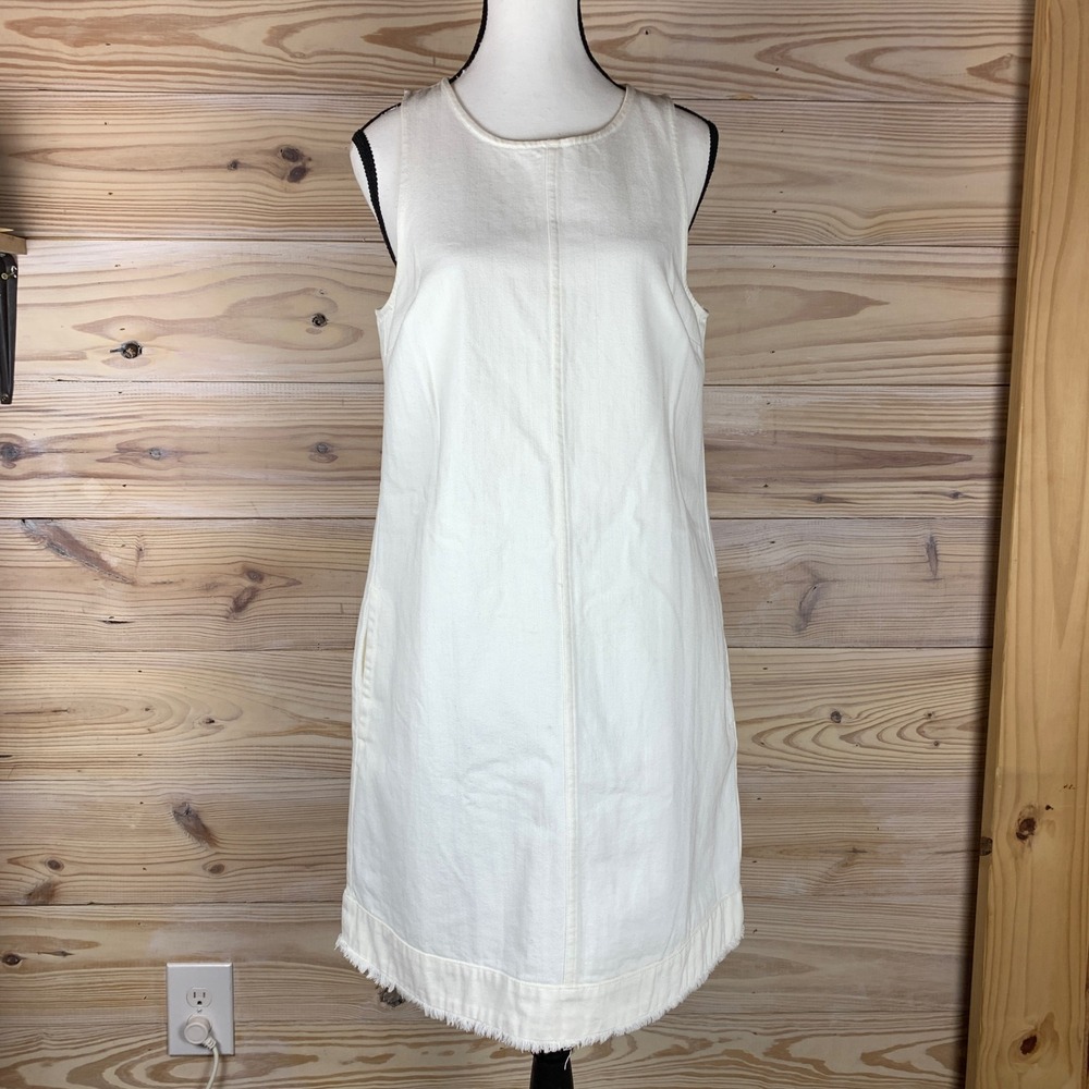 J.Crew Shift Dress Women 6 White Denim Frayed Hem Sleeveless G5594 Pocket Mini